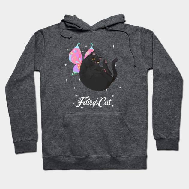 Curled Up Black Fairy Cat (with white text) Hoodie by You Miichi